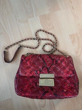 Michael Kors Red Snakeskin-Effect Chain Shoulder Bag